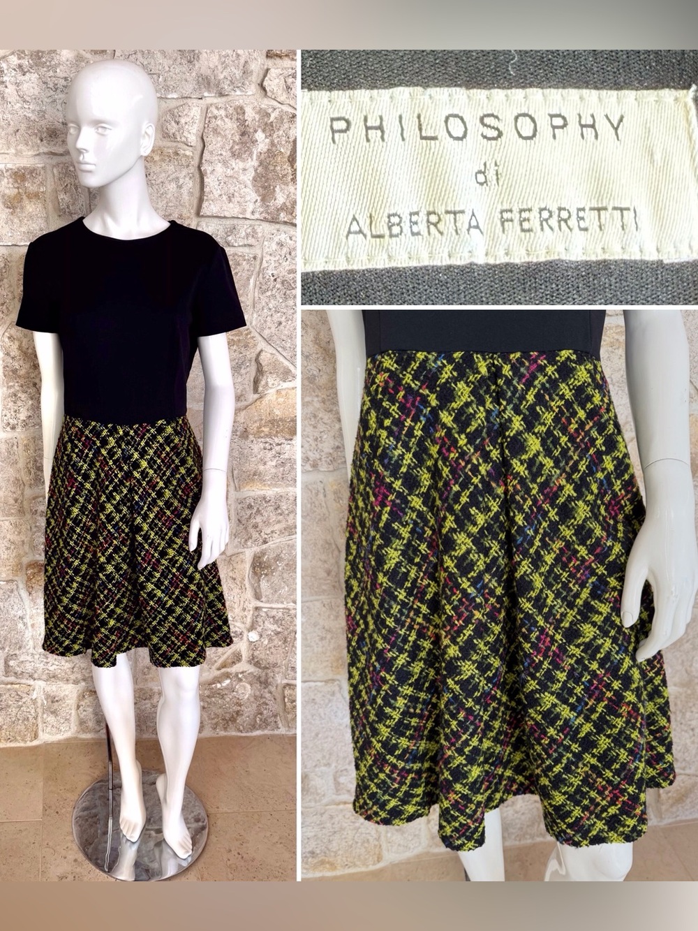 Philosophy di Alberta Ferretti Colorblock ALine Dress Black Plaid Tweed Size 10